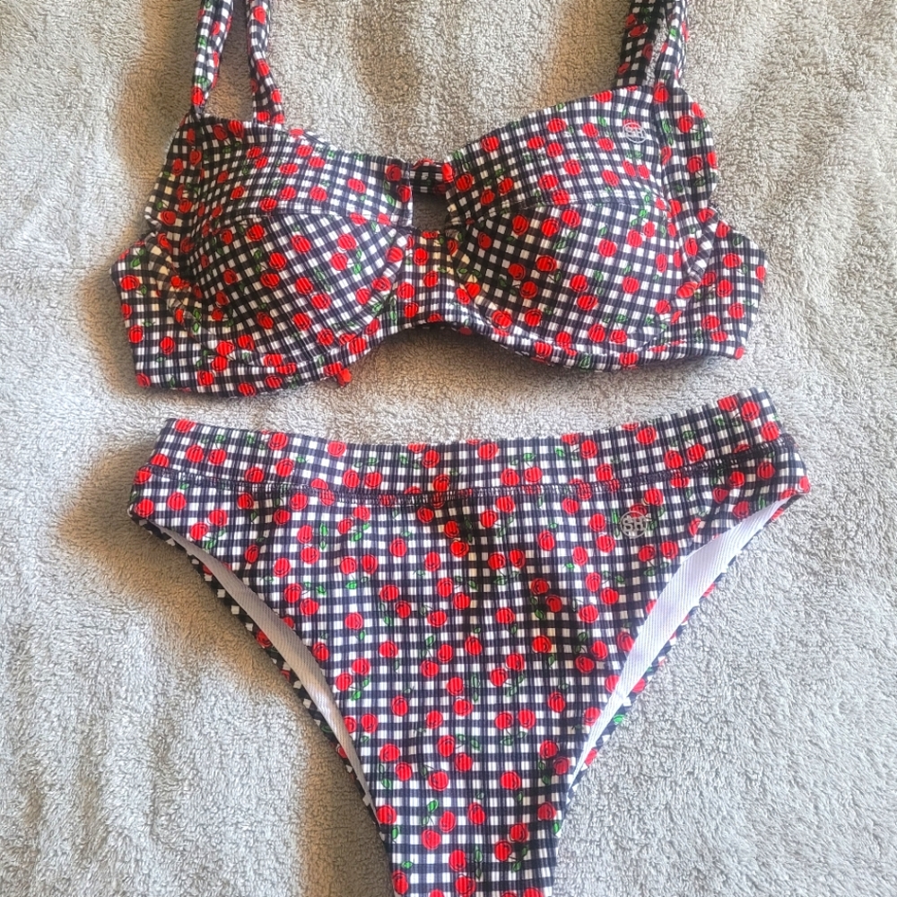 Cherry bikini top and bottoms